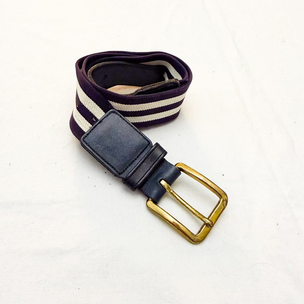 Coach Brass Buckle Striped Navy Stretch Leather Trimmed Belt Size 34-36